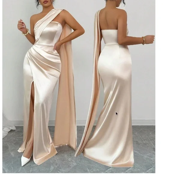 Luxe Satin One Shoulder Ruched Split Thigh Fitted Drape Party Floral Evening Wed - Picture 4 of 6